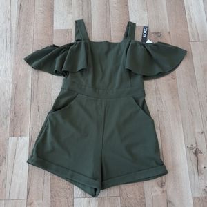 XOXO Army Green Ruffled Sleeve Cold-Shoulder Romper Shorts